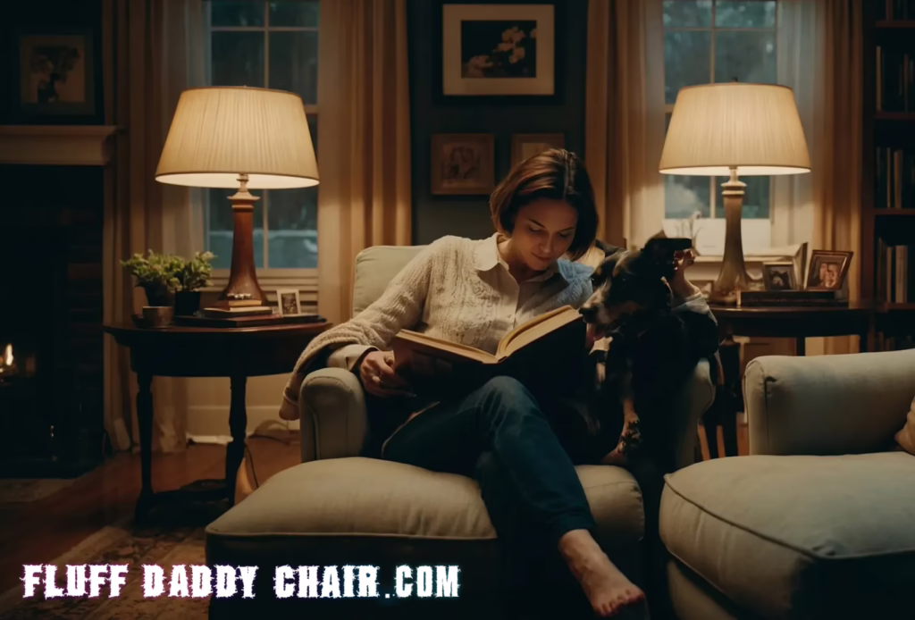 a woman in a reading chair with her dog